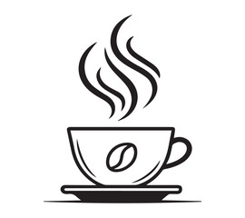 Black and white one line art icon drawing a coffee with white background