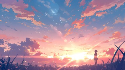 Obraz premium A bright sunset sky with radiant clouds, creating a serene and magical anime scene.