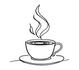 Black and white one line art icon drawing a coffee with white background