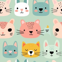 Cute and Colorful Animal Faces Pattern with Cats, Bunnies, and Bears Ideal for Kids' Room Decor and Babywear Designs