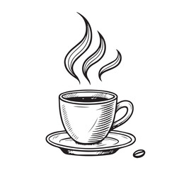 Black and white one line art icon drawing a coffee with white background