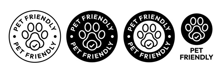 Pet Friendly icon set. Pet Friendly logo, label, sign, badge, symbol, banner, line, flat vector, isolated illustration. Pet Friendly label for product packaging design. Dogs and cats allowed sign.