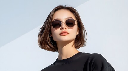 Fashionable woman in sunglasses urban setting portrait photography clear sky close-up view stylish vibes