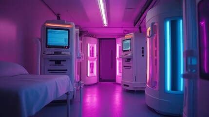 Fototapeta premium Advanced life-support facility glowing with robotic systems maintaining vital functions