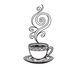 Black and white one line art icon drawing a coffee with white background