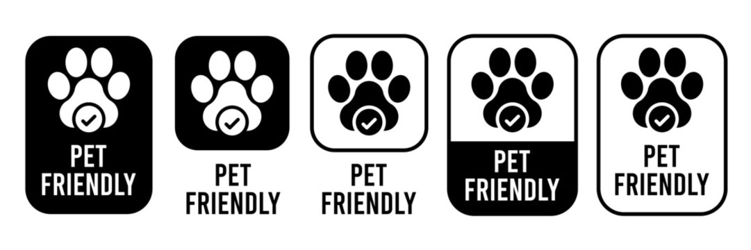 Pet Friendly icon set. Pet Friendly logo, label, sign, badge, symbol, banner, line, flat vector, isolated illustration. Pet Friendly label for product packaging design. Dogs and cats allowed sign.