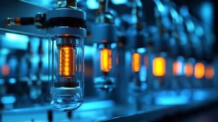 Advanced nanotechnology laboratory with glowing medical nanobots suspended in sterile containment units