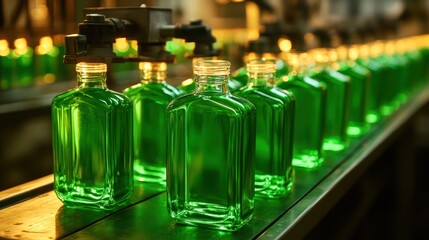 Glass bottles moving on a conveyor under UV sterilization lights