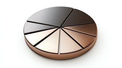 A sleek 3D circle graph with a metallic finish and segmented slices, isolated on a white background.