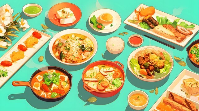 A buffet table with steaming dishes offers a variety of colorful and appetizing foods.