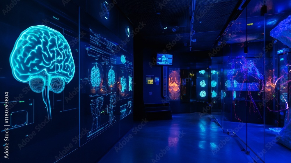 Poster advanced neurotechnology lab with glowing brain-machine interfaces and intricate neural mapping syst