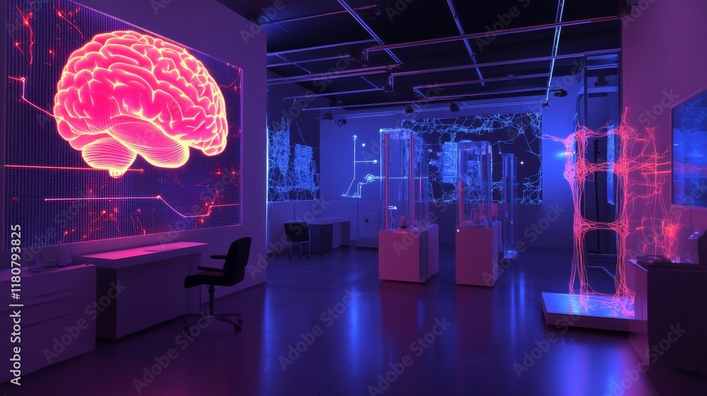 Poster Advanced neurotechnology lab with glowing brain-machine interfaces and intricate neural mapping systems