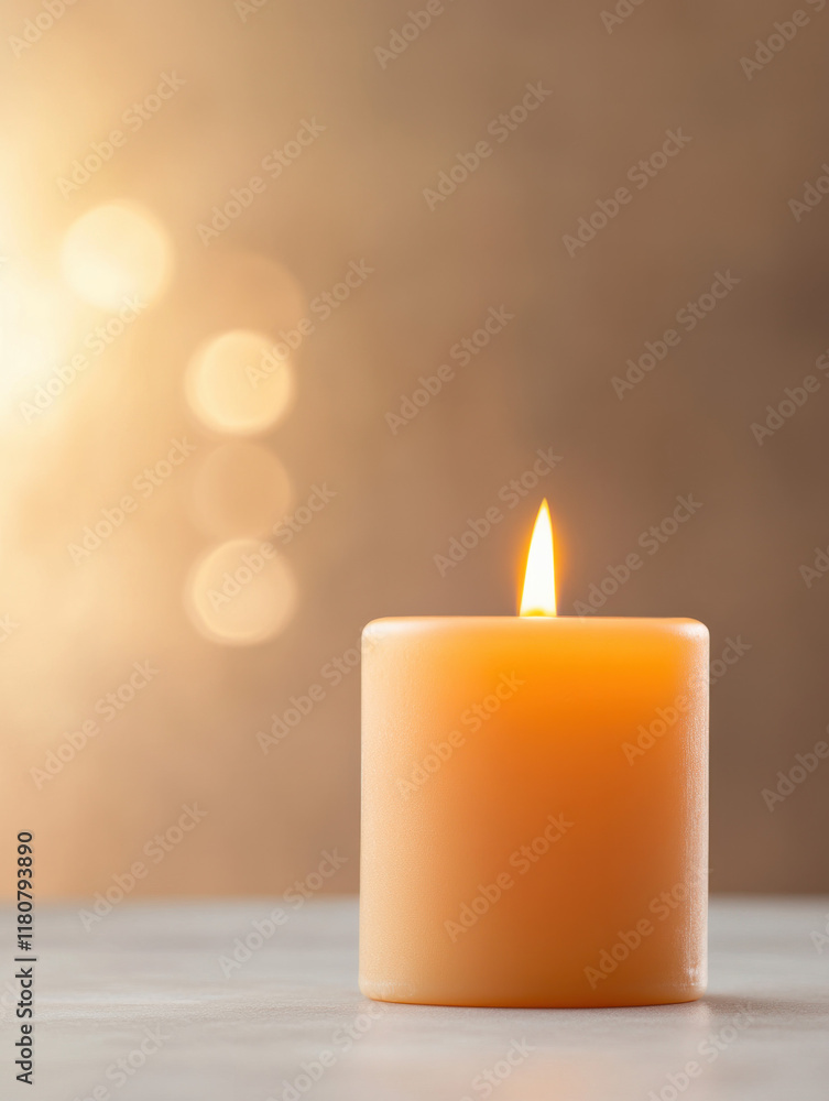 Poster warm, glowing candle illuminates soft background, creating serene atmosphere. flickering flame adds 