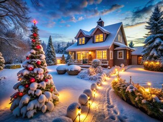 Fototapeta premium Snowy Lawn Winter Wonderland Decorations: Festive Holiday Scene Photography