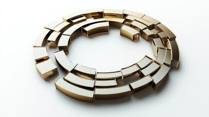 Abstract 3D circle graph with irregular segment sizes and metallic gold finishes, isolated on white.