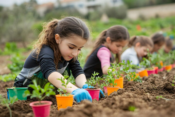 Children planting seedlings in colorful pots on a sunny day in a community garden