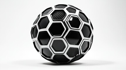 Fototapeta premium Bold black-and-white 3D football with defined hexagons and crisp seam details, centered on a white background.