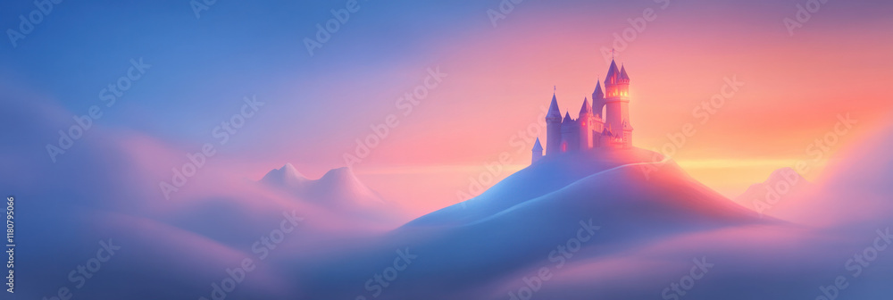 Poster mystical castle on hill at sunset, surrounded by soft clouds and mountains. warm colors create seren