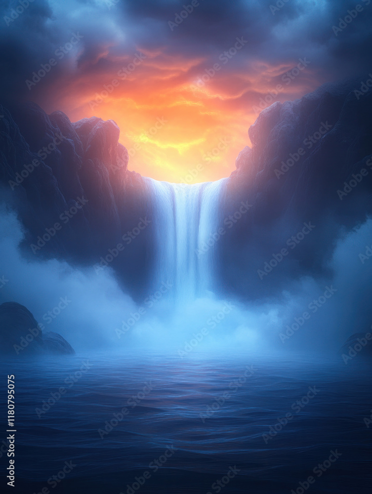 Poster majestic waterfall cascading into serene lake, surrounded by mist and dramatic clouds. sunset casts 