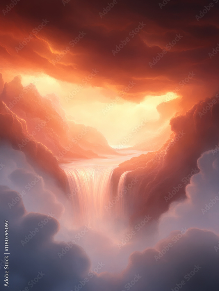 Aufkleber majestic waterfall cascading through clouds at sunset, creating serene atmosphere
