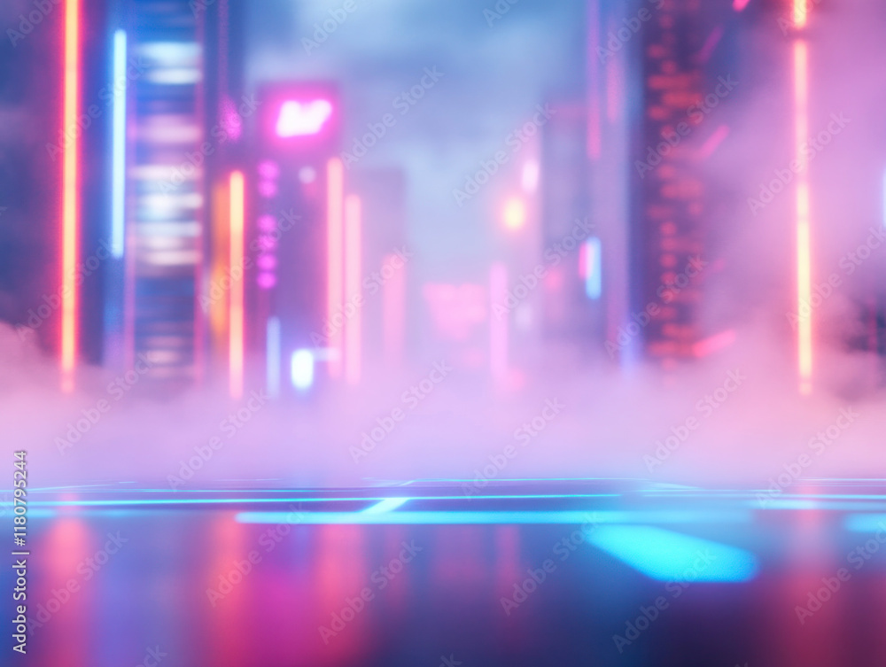 Poster futuristic cityscape with neon lights and fog creating vibrant atmosphere