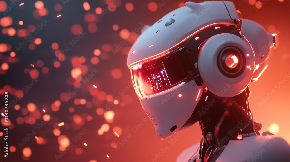 Poster futuristic robot with sleek helmet and glowing visor stands against backdrop of sparks. design features blend of technology and artistry