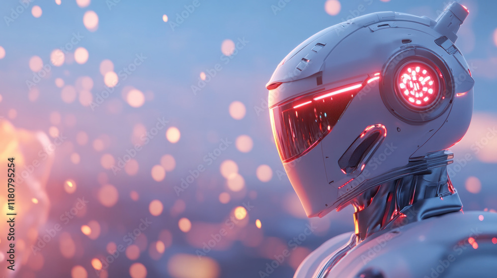 Poster futuristic robot with glowing features stands against vibrant background