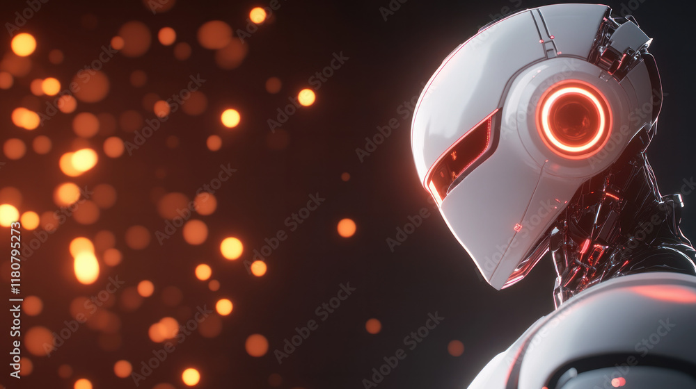 Aufkleber futuristic robot with glowing features stands against dark background, exuding sense of advanced tec