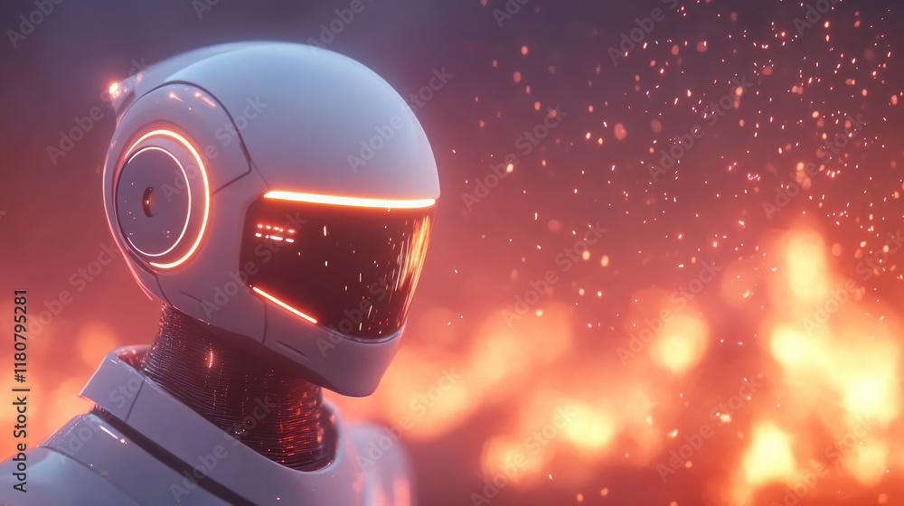 Poster futuristic robot with sleek helmet stands against fiery background, showcasing advanced technology a