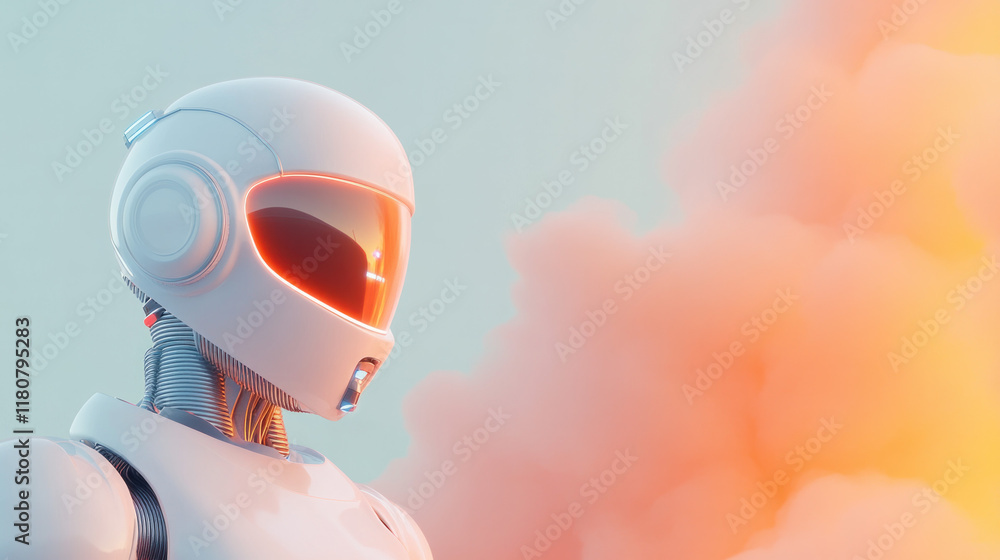 Poster futuristic robot with sleek design and glowing visor stands against colorful background. scene evokes sense of advanced technology and innovation