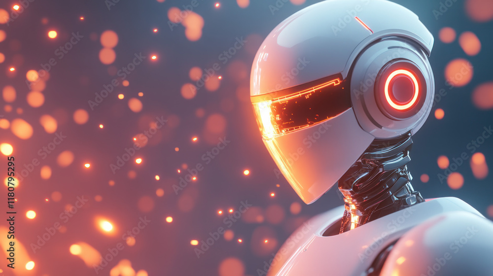 Poster futuristic robot with glowing features stands against backdrop of sparks. design is sleek and modern, showcasing advanced technology