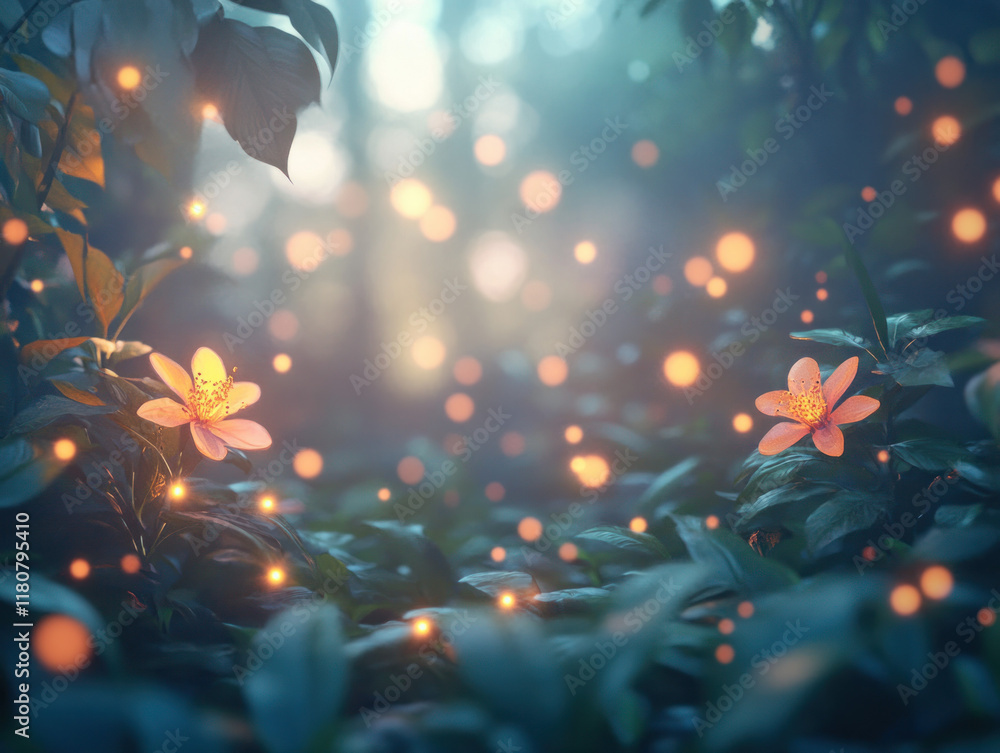 Aufkleber serene forest scene with glowing flowers and soft bokeh lights creates magical atmosphere
