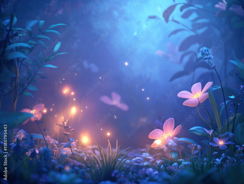 Aufkleber serene forest scene with glowing flowers and soft blue light, creating magical atmosphere