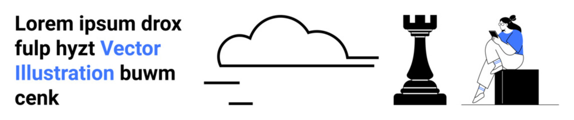 Cloud icon, chess rook, person using mobile. Ideal for cloud computing, strategy, technology, digital communication, innovation social media user interaction. Landing page