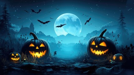 Fototapeta premium Spooky Halloween night scene with jack-o'-lanterns, bats, full moon, and dark forest.