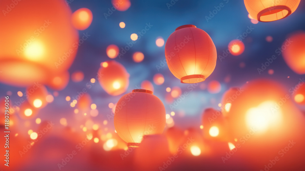Poster Floating lanterns illuminate night sky, creating magical atmosphere filled with warmth and wonder