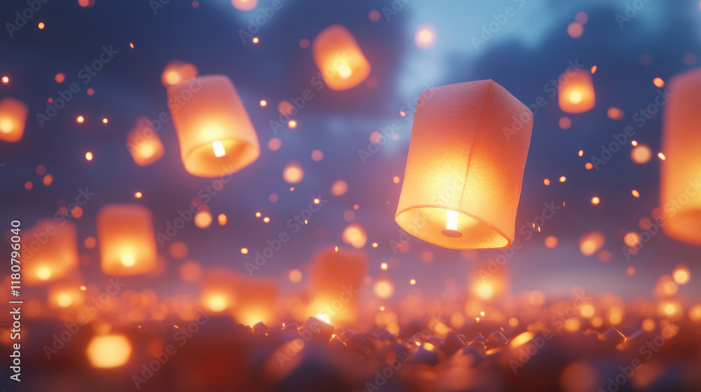 Poster floating lanterns illuminate night sky, creating magical atmosphere filled with warmth and wonder