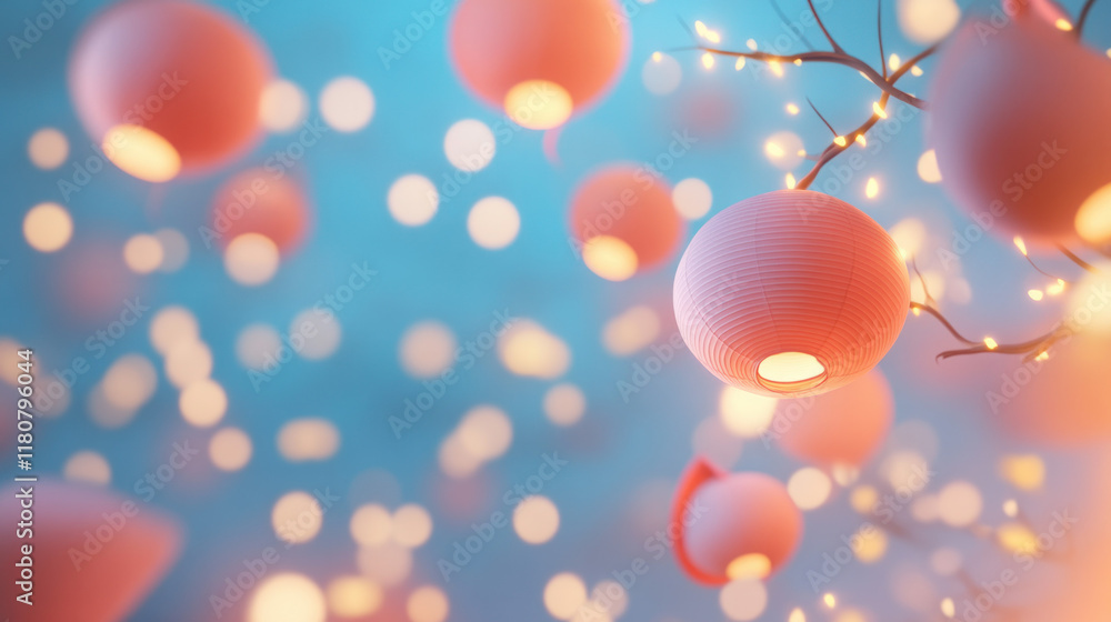 Poster Colorful paper lanterns hang from branches, creating magical atmosphere with soft bokeh lights in background