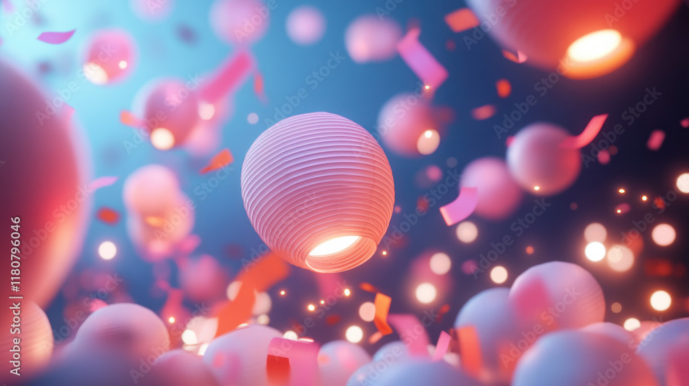 Poster Colorful floating lanterns with confetti create festive atmosphere
