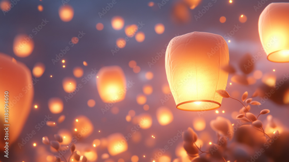 Aufkleber floating lanterns illuminate night sky, creating magical atmosphere filled with warmth and wonder