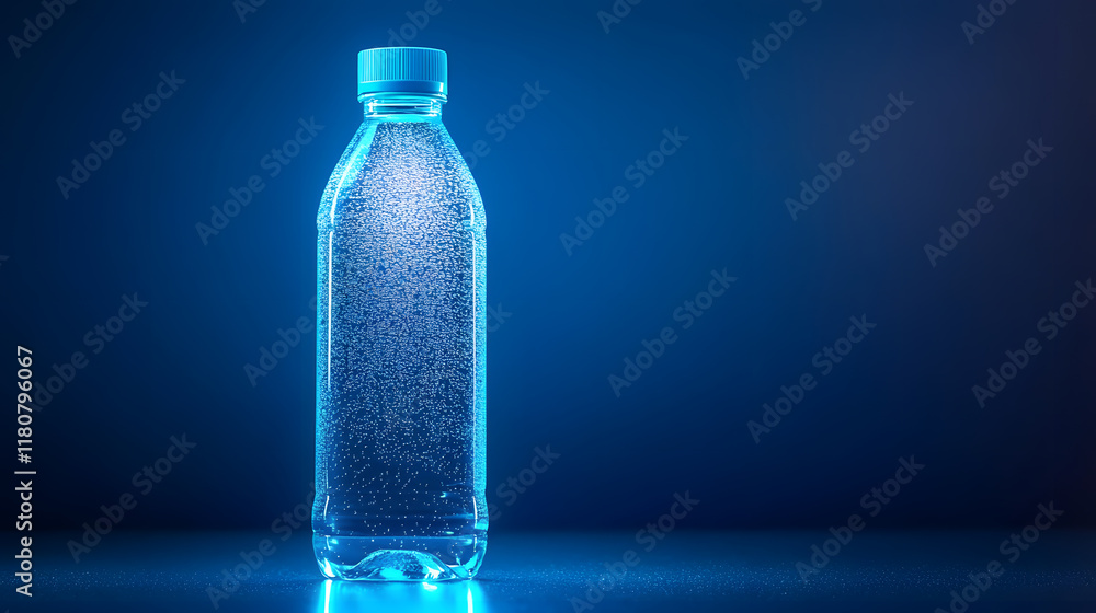 Poster refreshing water bottle with bubbles studio setting product photography minimalistic background clos