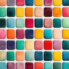 Colorful watercolor palette with vibrant squares arranged neatly
