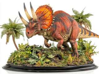 A detailed model of a Triceratops in a lush prehistoric environment.