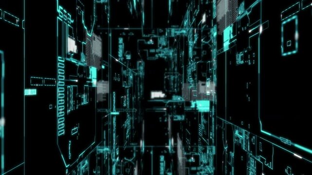 A futuristic, digitally generated abstract motion matrix in a cyber environment, showcasing big data analytics and AI simulation, perfect for use as a digital background in motion videos.