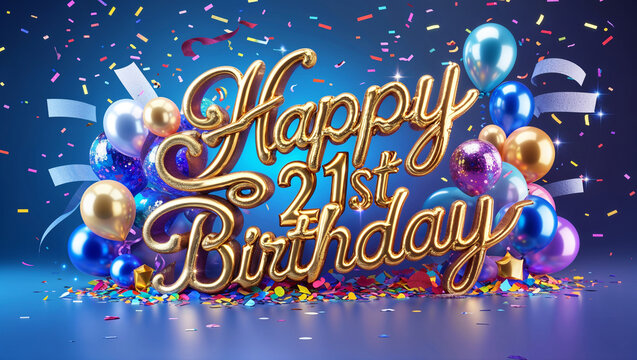 Golden "Happy 21st Birthday" text with colorful balloons and confetti.