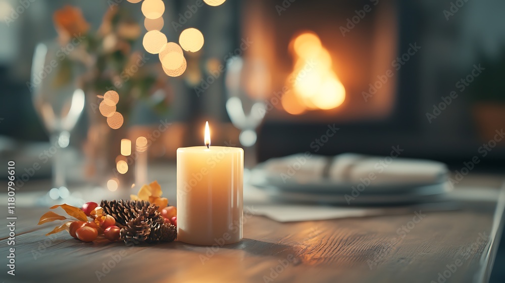 Poster cozy candlelit dinner table setting by a roaring fireplace creating a warm and inviting atmosphere f