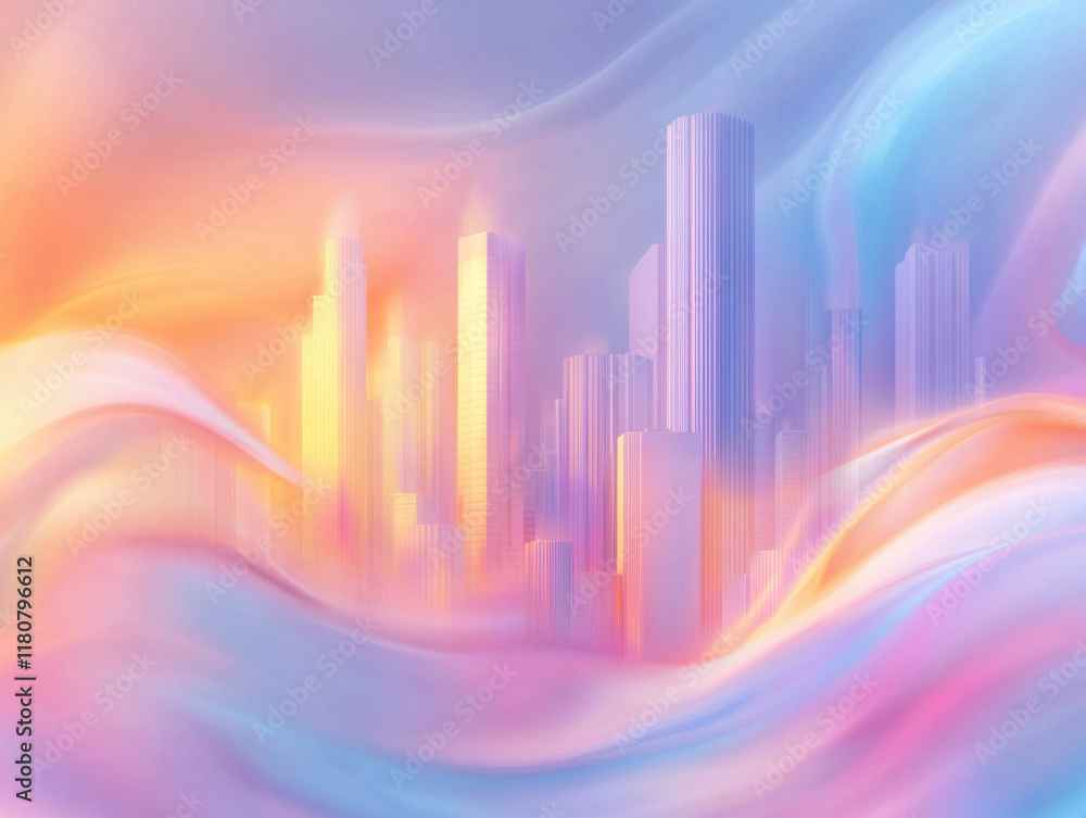 Poster abstract cityscape with soft pastel colors and flowing shapes, evoking dreamy atmosphere. skyline fe