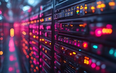 Naklejka premium Illuminated server racks in a data center. (3)