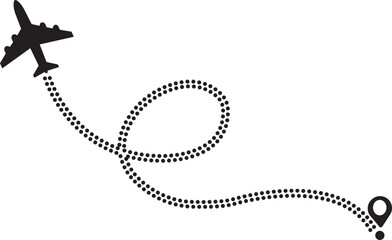Airplane route path icon. The flight path of the aircraft from the point of location along the dotted line. Flight route from a waypoint with an airplane silhouette isolated on transparent background.