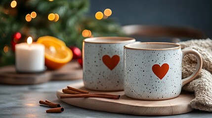Cozy pair of matching ceramic mugs with heart shaped designs filled with warm comforting drinks like coffee or tea surrounded by festive accents like a lit candle cinnamon sticks